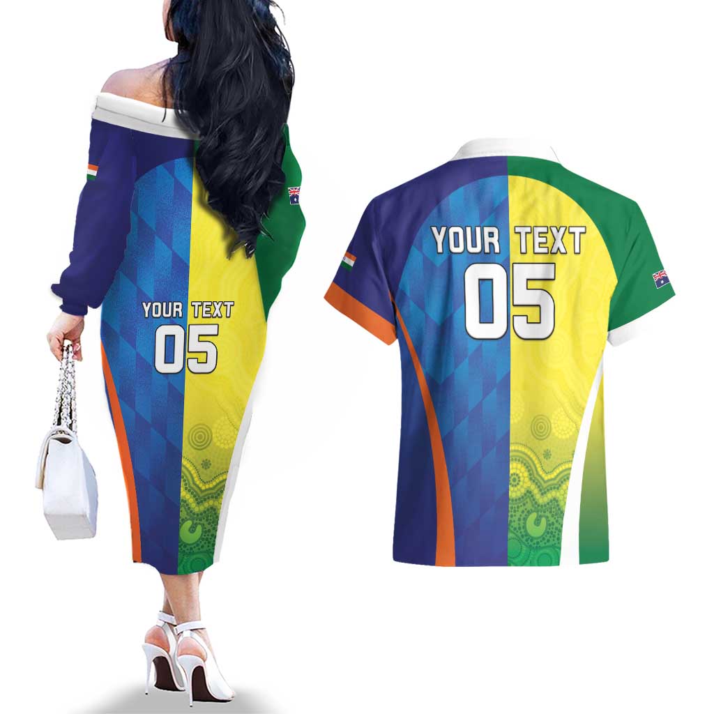 Custom Australia And India Cricket Couples Matching Off The Shoulder Long Sleeve Dress and Hawaiian Shirt Ashoka Chakra With Aboriginal - Aussie Hoodie