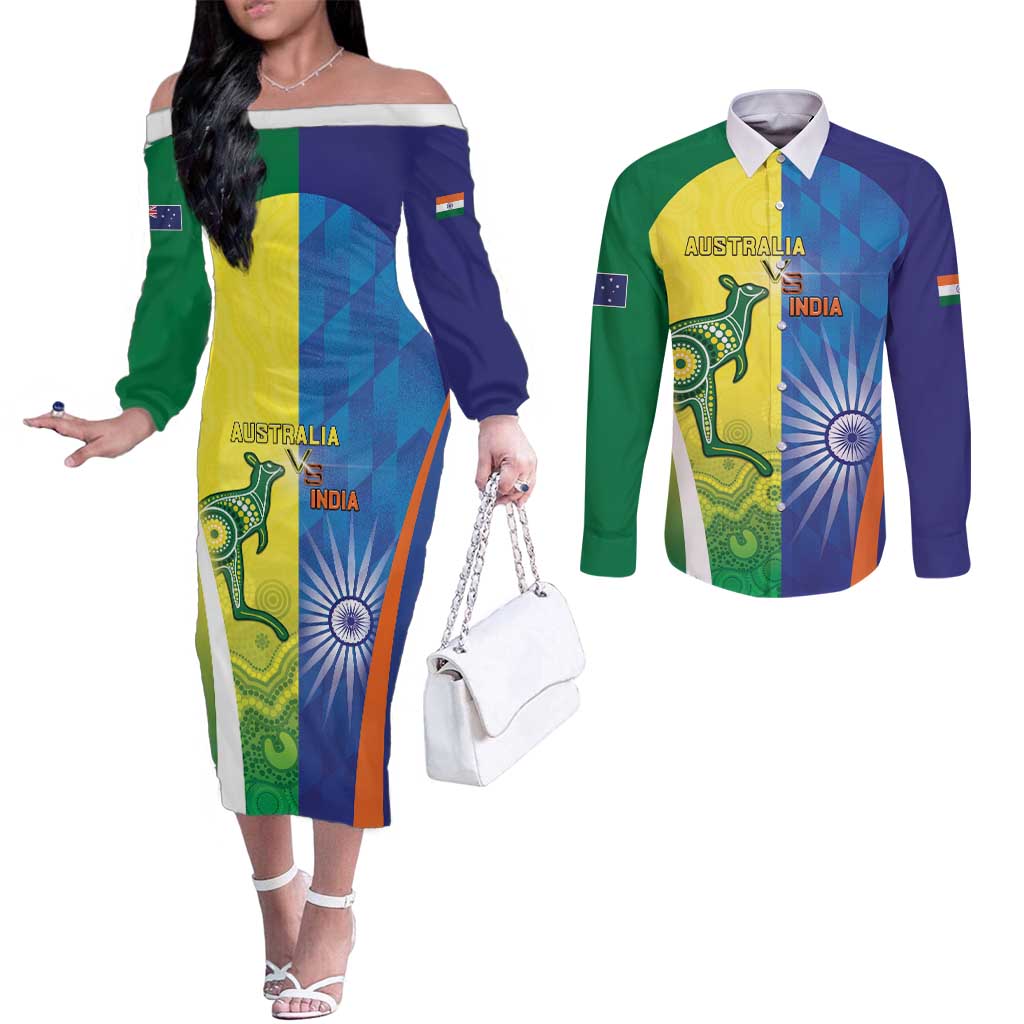 Custom Australia And India Cricket Couples Matching Off The Shoulder Long Sleeve Dress and Long Sleeve Button Shirt Ashoka Chakra With Aboriginal - Aussie Hoodie