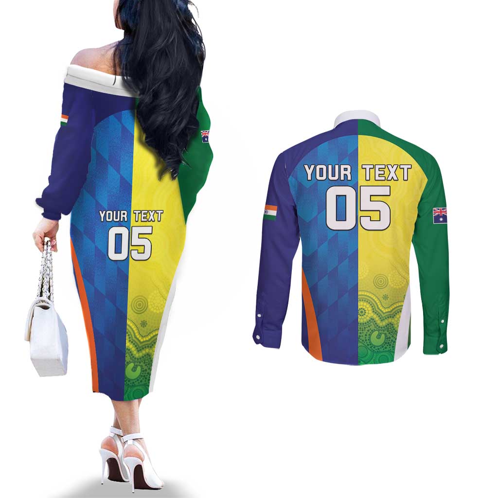 Custom Australia And India Cricket Couples Matching Off The Shoulder Long Sleeve Dress and Long Sleeve Button Shirt Ashoka Chakra With Aboriginal - Aussie Hoodie
