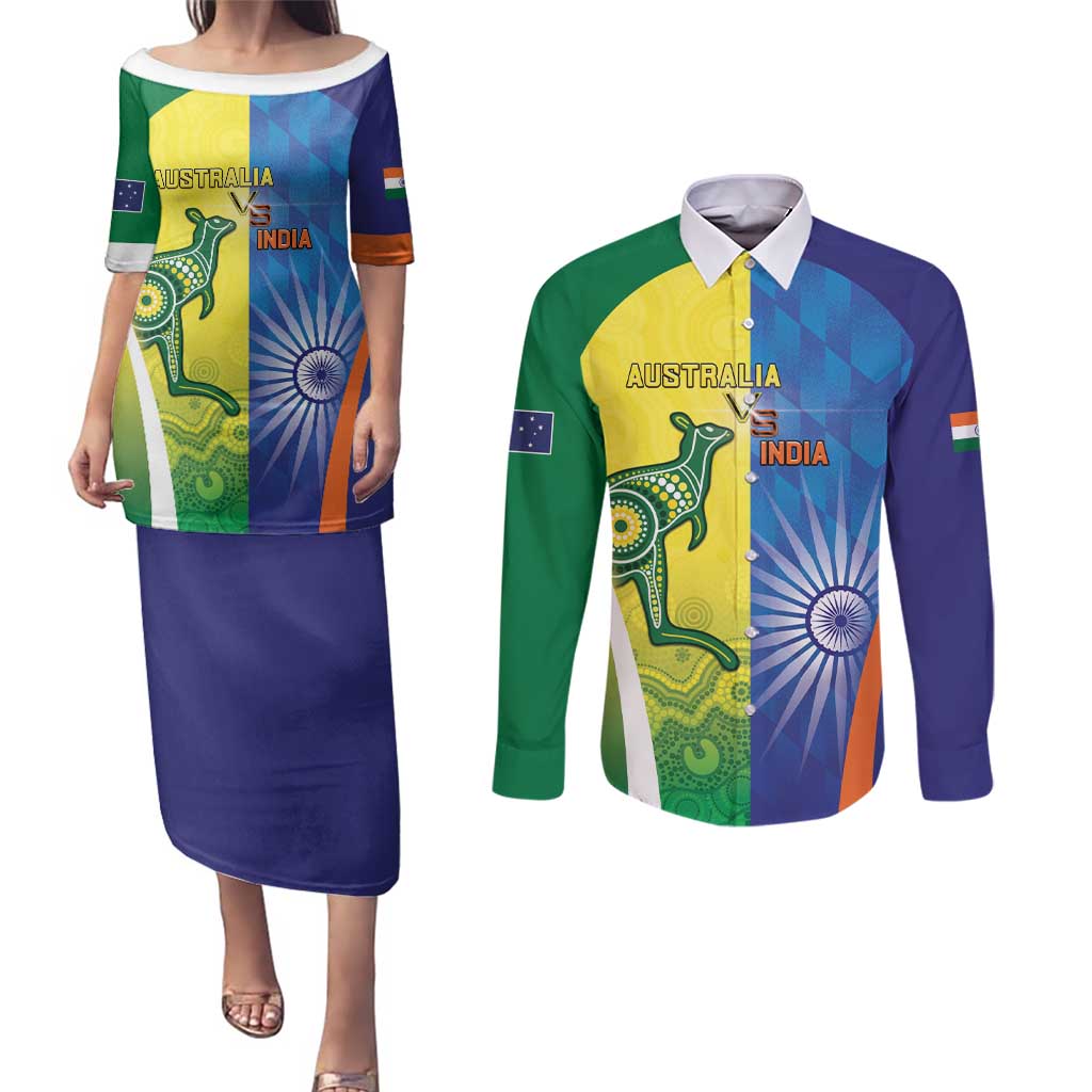 Custom Australia And India Cricket Couples Matching Puletasi and Long Sleeve Button Shirt Ashoka Chakra With Aboriginal - Aussie Hoodie