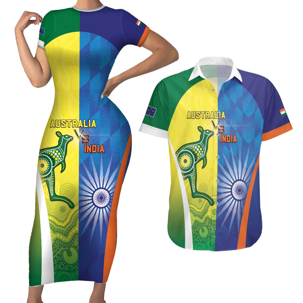 Custom Australia And India Cricket Couples Matching Short Sleeve Bodycon Dress and Hawaiian Shirt Ashoka Chakra With Aboriginal - Aussie Hoodie
