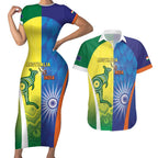Custom Australia And India Cricket Couples Matching Short Sleeve Bodycon Dress and Hawaiian Shirt Ashoka Chakra With Aboriginal - Aussie Hoodie