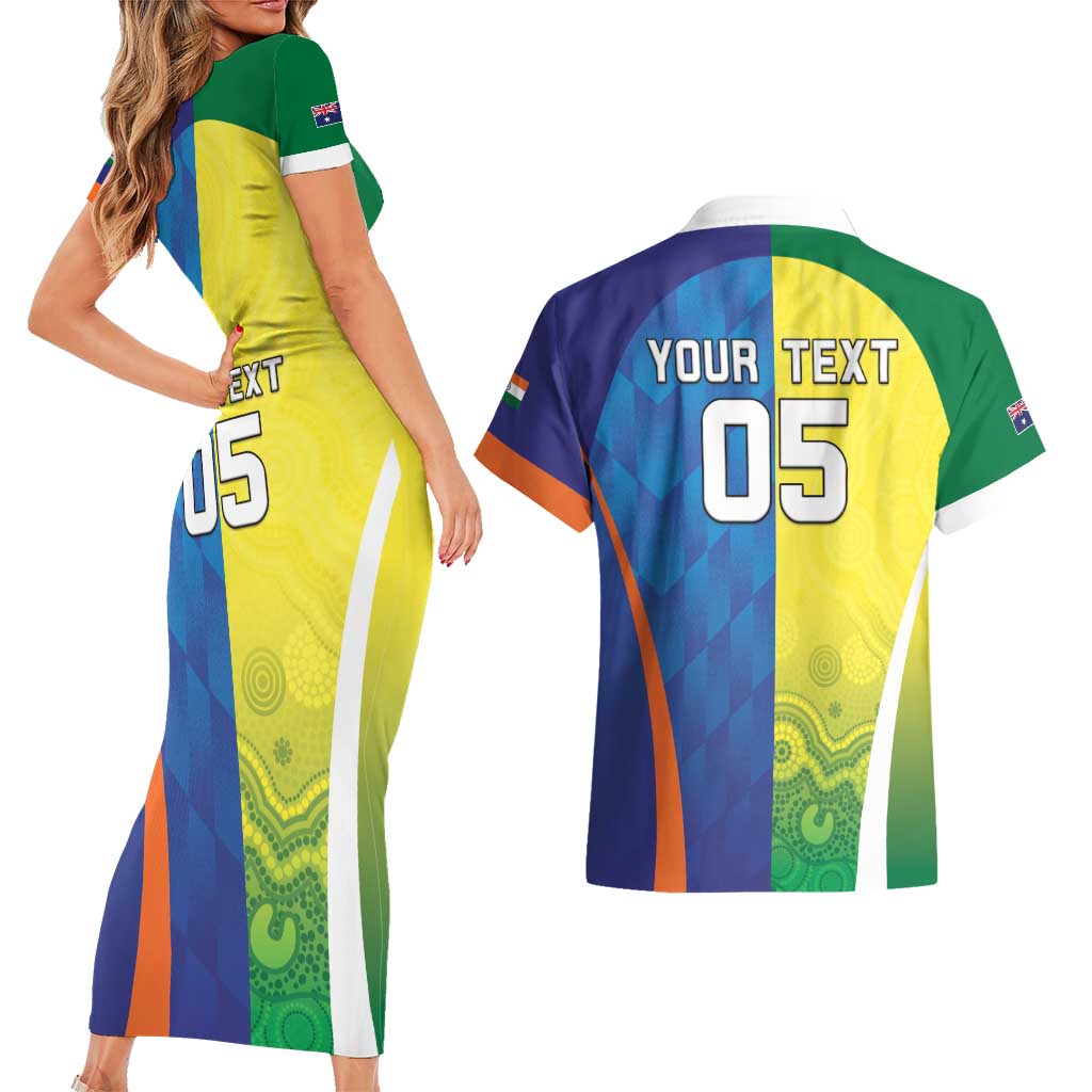 Custom Australia And India Cricket Couples Matching Short Sleeve Bodycon Dress and Hawaiian Shirt Ashoka Chakra With Aboriginal - Aussie Hoodie