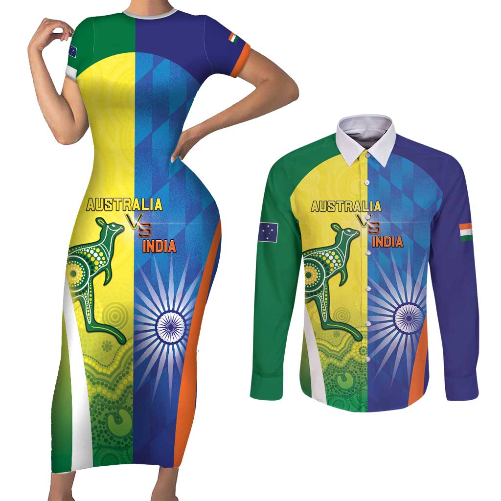 Custom Australia And India Cricket Couples Matching Short Sleeve Bodycon Dress and Long Sleeve Button Shirt Ashoka Chakra With Aboriginal - Aussie Hoodie