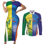 Custom Australia And India Cricket Couples Matching Short Sleeve Bodycon Dress and Long Sleeve Button Shirt Ashoka Chakra With Aboriginal - Aussie Hoodie