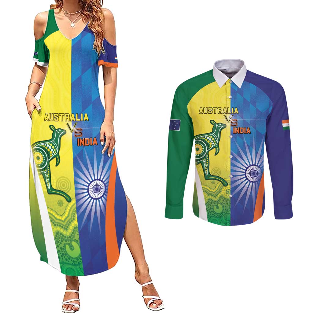 Custom Australia And India Cricket Couples Matching Summer Maxi Dress and Long Sleeve Button Shirt Ashoka Chakra With Aboriginal - Aussie Hoodie