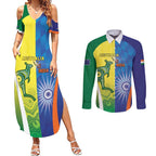 Custom Australia And India Cricket Couples Matching Summer Maxi Dress and Long Sleeve Button Shirt Ashoka Chakra With Aboriginal - Aussie Hoodie