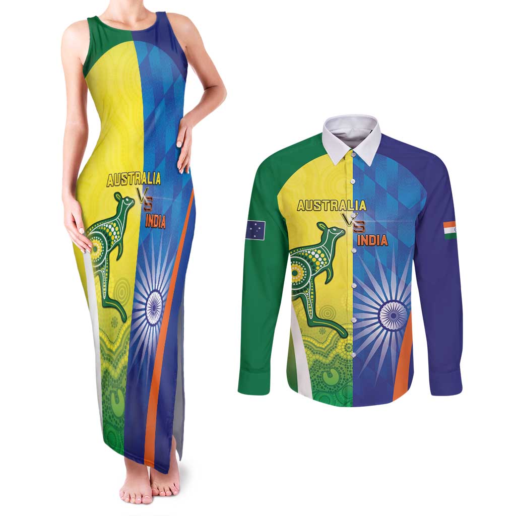 Custom Australia And India Cricket Couples Matching Tank Maxi Dress and Long Sleeve Button Shirt Ashoka Chakra With Aboriginal - Aussie Hoodie