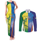 Custom Australia And India Cricket Couples Matching Tank Maxi Dress and Long Sleeve Button Shirt Ashoka Chakra With Aboriginal - Aussie Hoodie