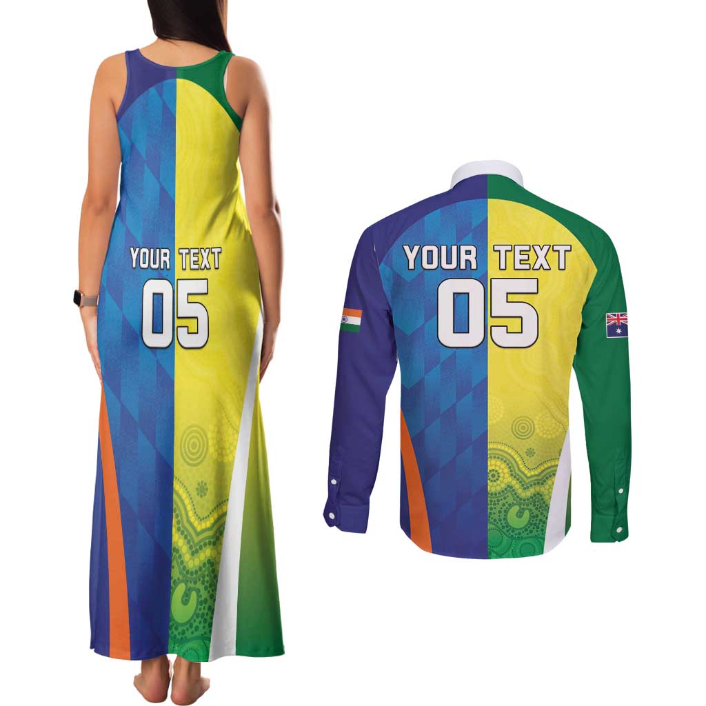 Custom Australia And India Cricket Couples Matching Tank Maxi Dress and Long Sleeve Button Shirt Ashoka Chakra With Aboriginal - Aussie Hoodie