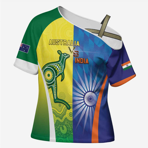 Custom Australia And India Cricket Cross Shoulder Shirt Ashoka Chakra With Aboriginal - Aussie Hoodie