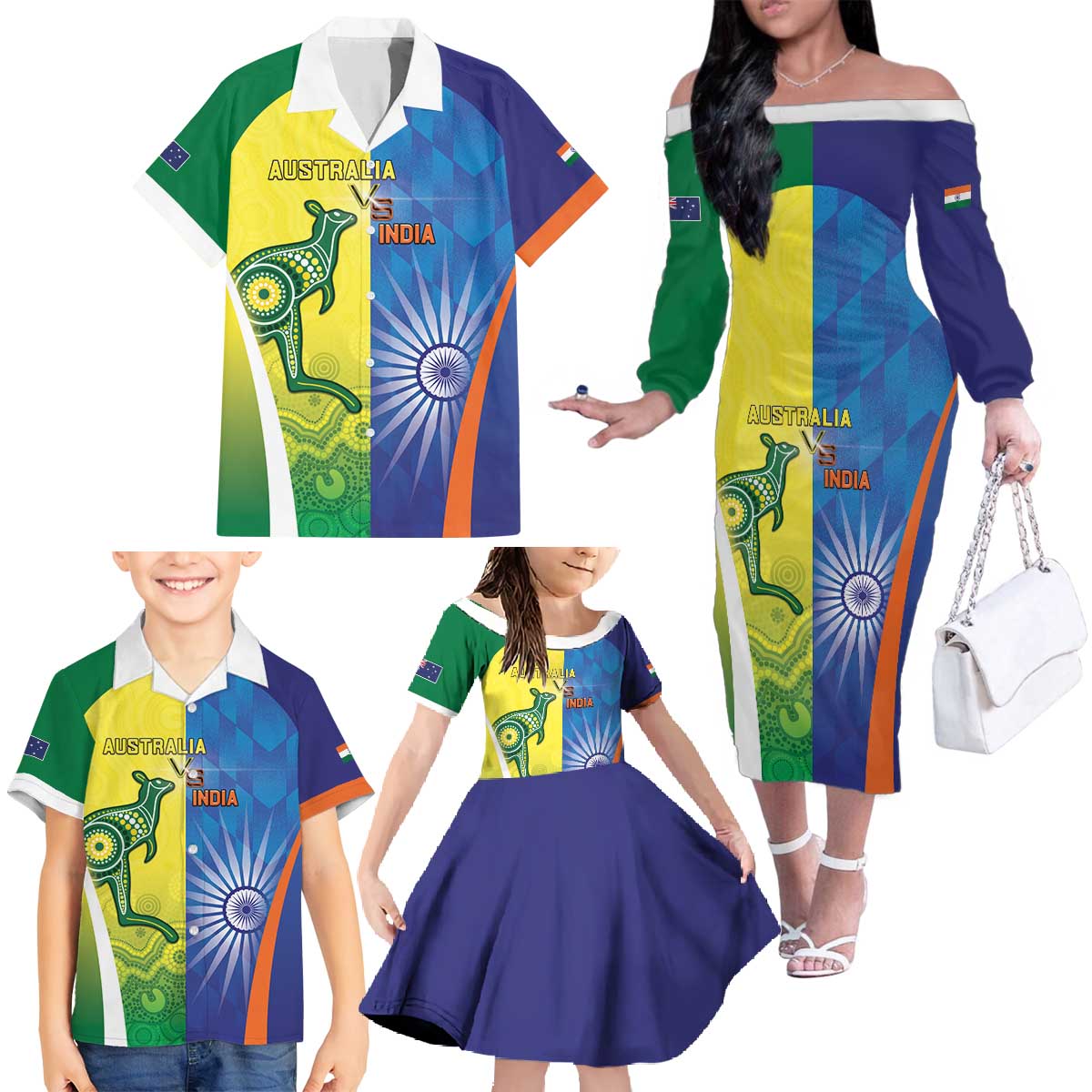 Custom Australia And India Cricket Family Matching Off The Shoulder Long Sleeve Dress and Hawaiian Shirt Ashoka Chakra With Aboriginal - Aussie Hoodie