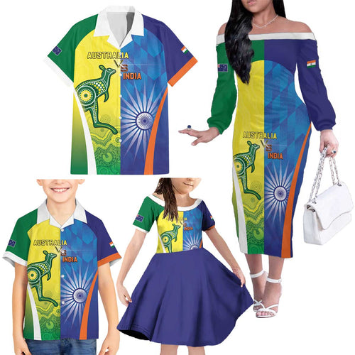 Custom Australia And India Cricket Family Matching Off The Shoulder Long Sleeve Dress and Hawaiian Shirt Ashoka Chakra With Aboriginal - Aussie Hoodie