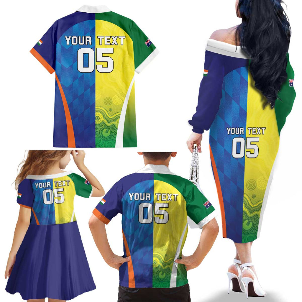 Custom Australia And India Cricket Family Matching Off The Shoulder Long Sleeve Dress and Hawaiian Shirt Ashoka Chakra With Aboriginal - Aussie Hoodie