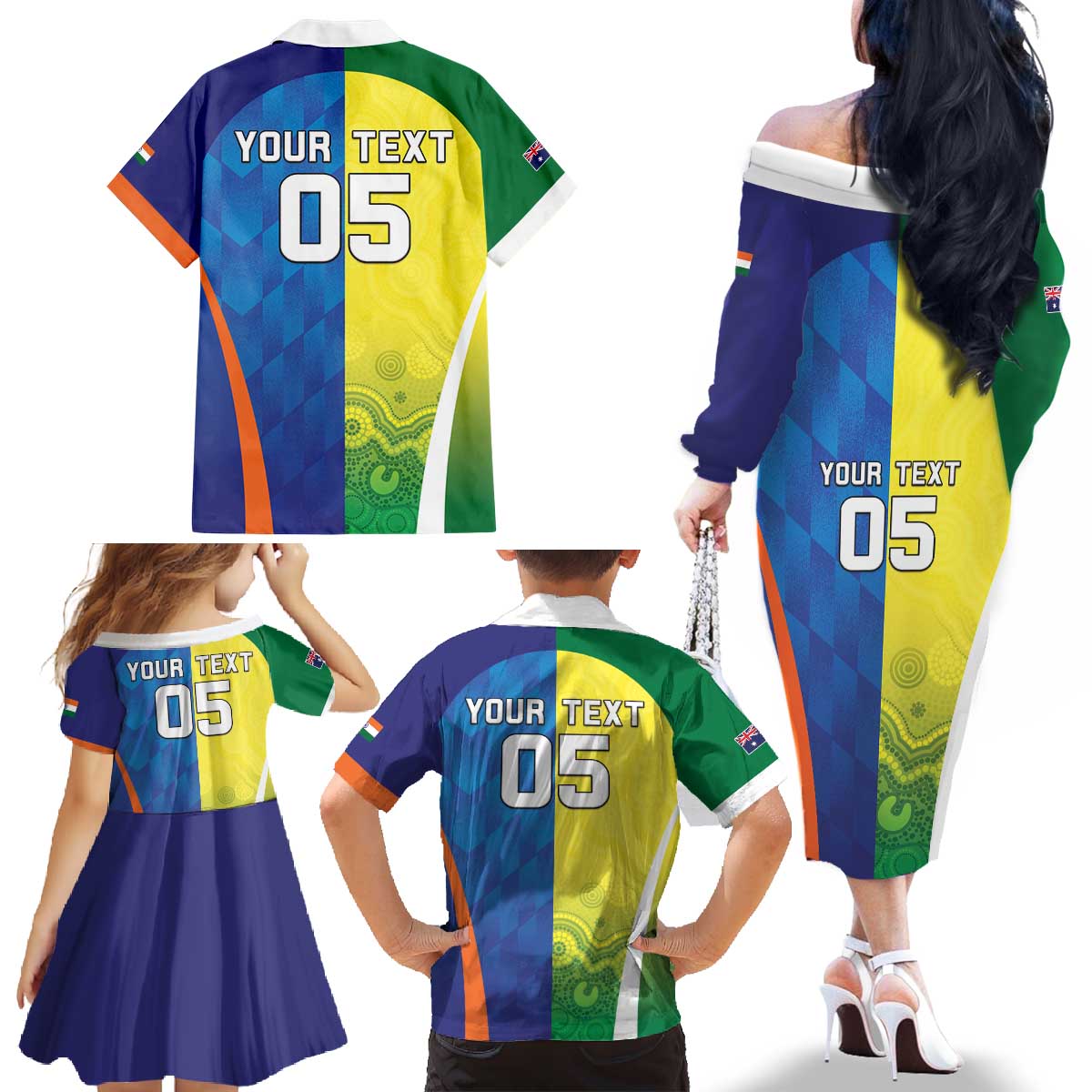 Custom Australia And India Cricket Family Matching Off The Shoulder Long Sleeve Dress and Hawaiian Shirt Ashoka Chakra With Aboriginal - Aussie Hoodie