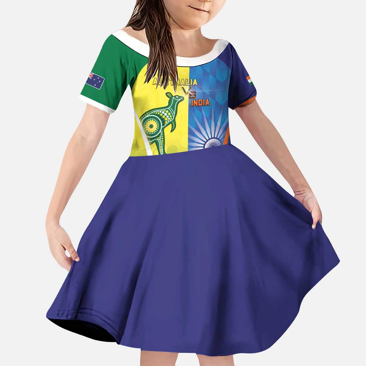 Custom Australia And India Cricket Kid Short Sleeve Dress Ashoka Chakra With Aboriginal - Aussie Hoodie
