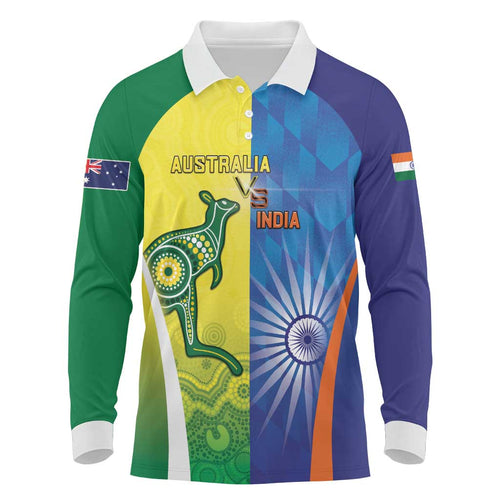 Custom Australia And India Cricket Long Sleeve Polo Shirt Ashoka Chakra With Aboriginal - Aussie Hoodie
