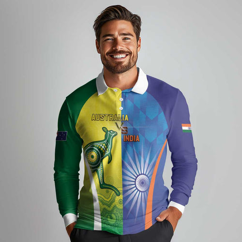 Custom Australia And India Cricket Long Sleeve Polo Shirt Ashoka Chakra With Aboriginal - Aussie Hoodie