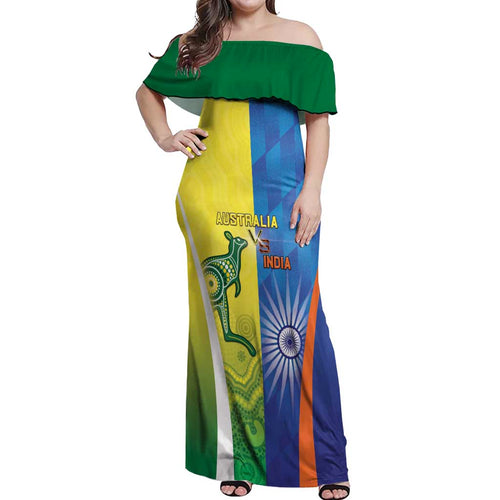 Custom Australia And India Cricket Off Shoulder Maxi Dress Ashoka Chakra With Aboriginal - Aussie Hoodie