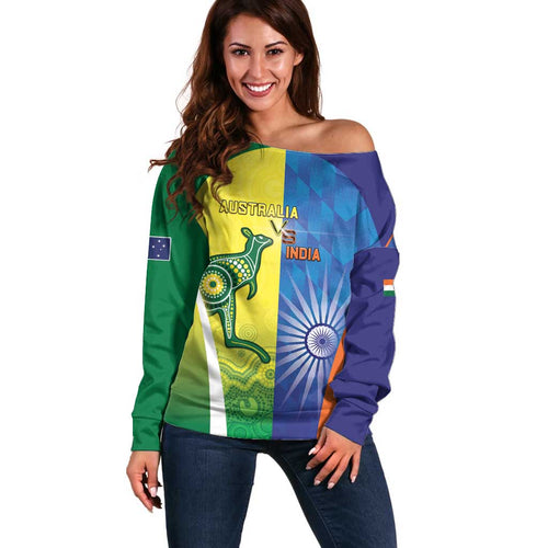 Custom Australia And India Cricket Off Shoulder Sweater Ashoka Chakra With Aboriginal - Aussie Hoodie