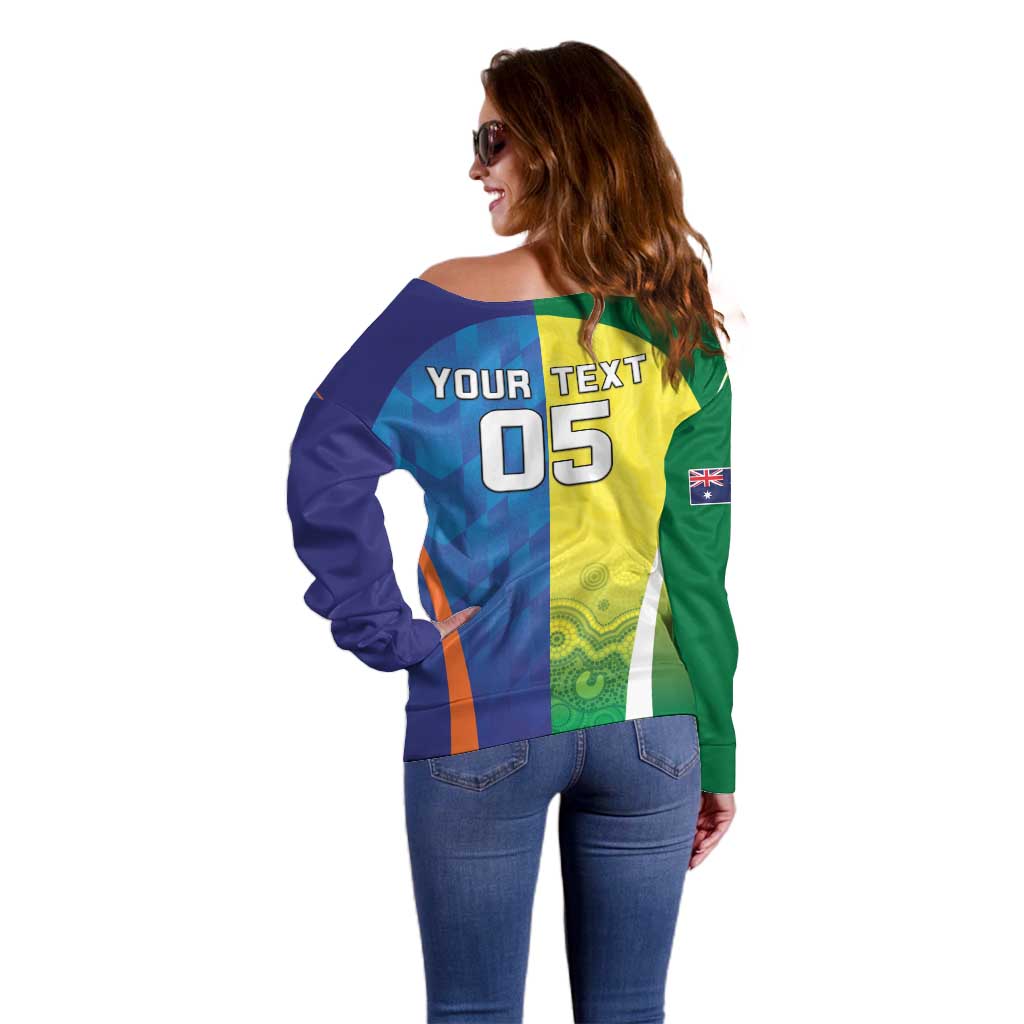 Custom Australia And India Cricket Off Shoulder Sweater Ashoka Chakra With Aboriginal - Aussie Hoodie
