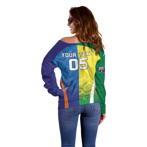 Custom Australia And India Cricket Off Shoulder Sweater Ashoka Chakra With Aboriginal - Aussie Hoodie