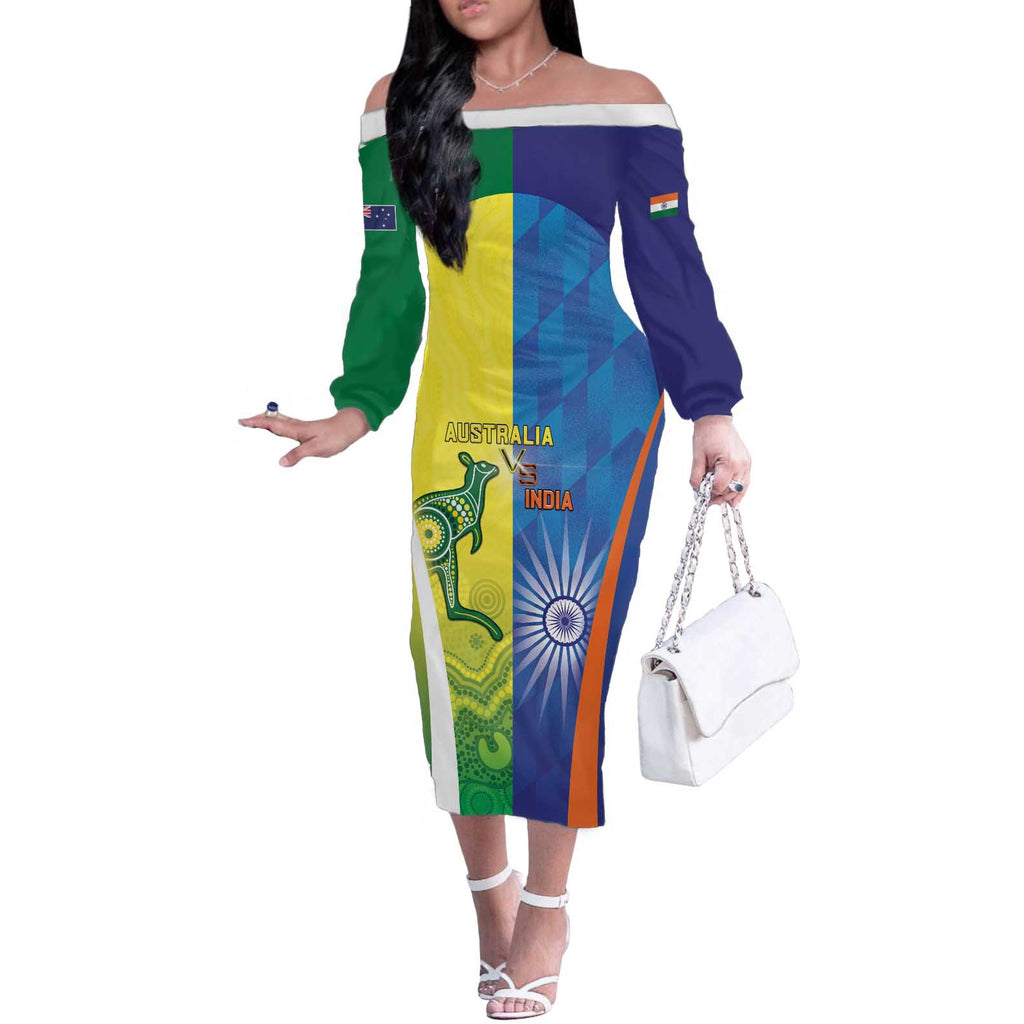Custom Australia And India Cricket Off The Shoulder Long Sleeve Dress Ashoka Chakra With Aboriginal - Aussie Hoodie