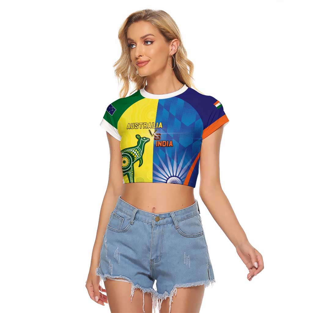 Custom Australia And India Cricket Raglan Cropped T Shirt Ashoka Chakra With Aboriginal - Aussie Hoodie