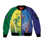Custom Australia And India Cricket Sleeve Zip Bomber Jacket Ashoka Chakra With Aboriginal - Aussie Hoodie