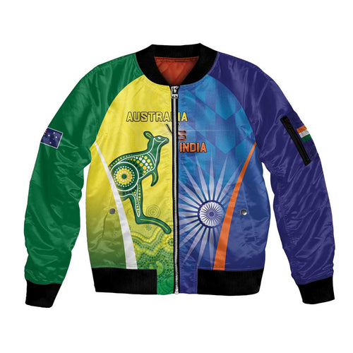 Custom Australia And India Cricket Sleeve Zip Bomber Jacket Ashoka Chakra With Aboriginal - Aussie Hoodie