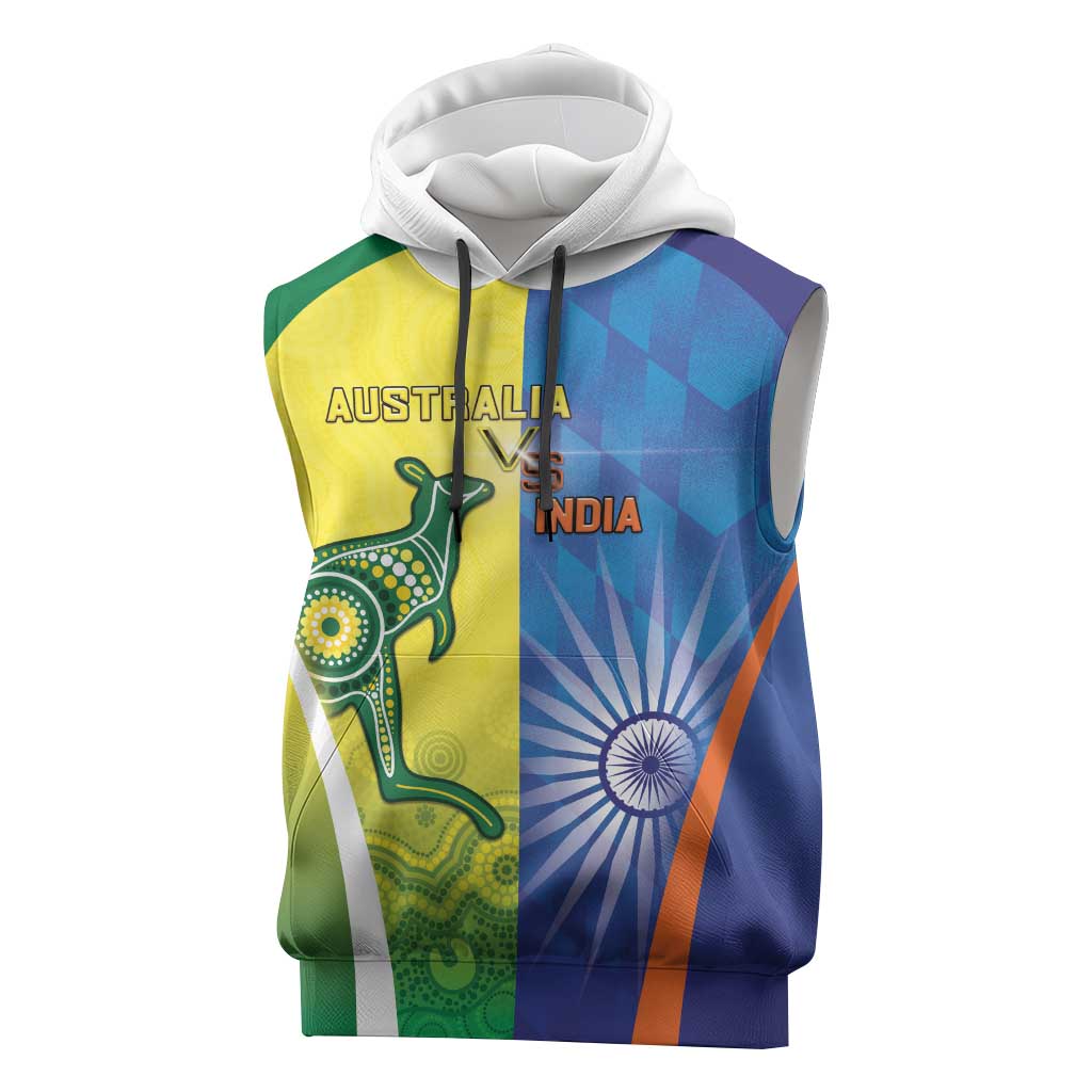 Custom Australia And India Cricket Sleeveless Hoodie Ashoka Chakra With Aboriginal - Aussie Hoodie