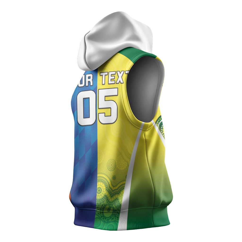 Custom Australia And India Cricket Sleeveless Hoodie Ashoka Chakra With Aboriginal - Aussie Hoodie