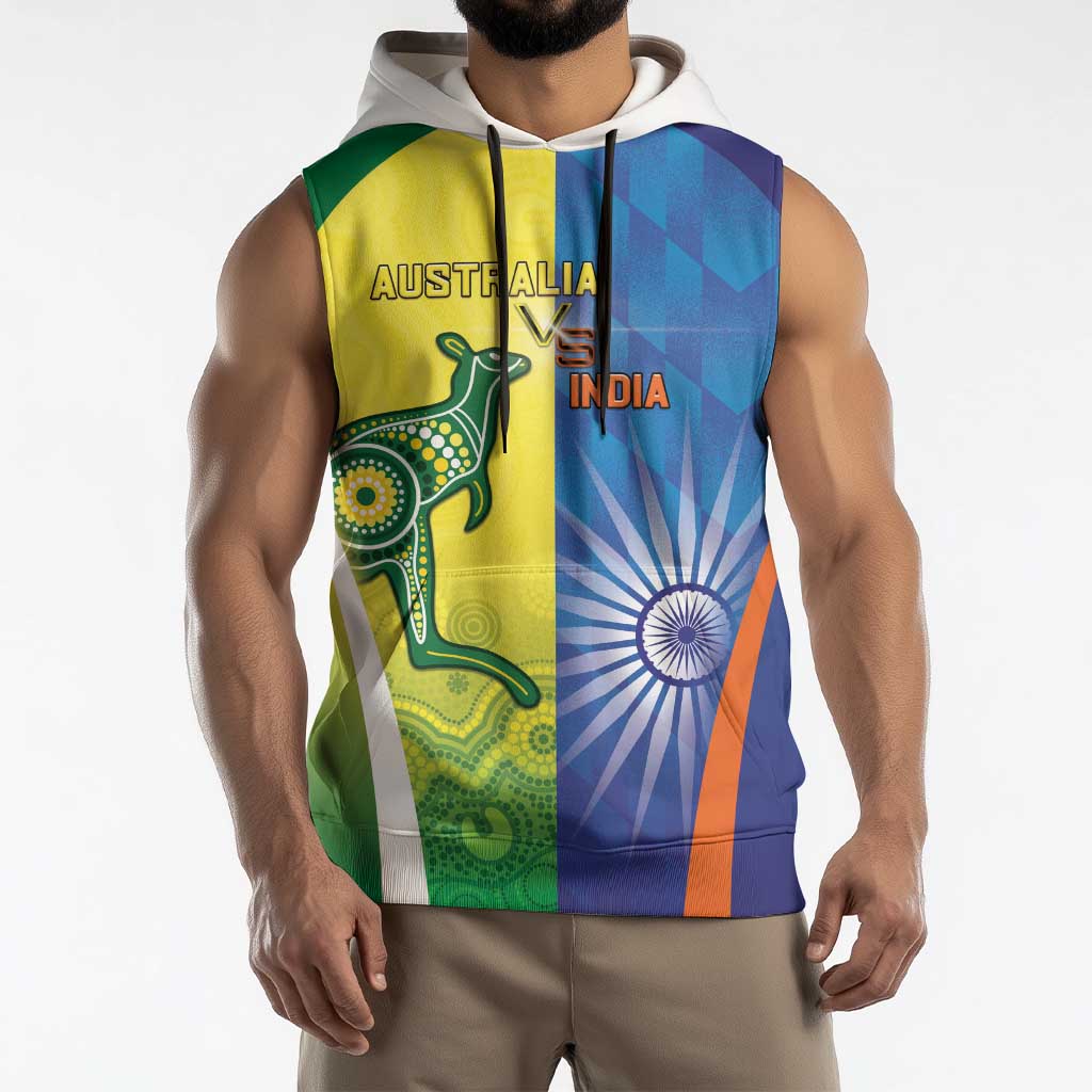 Custom Australia And India Cricket Sleeveless Hoodie Ashoka Chakra With Aboriginal - Aussie Hoodie