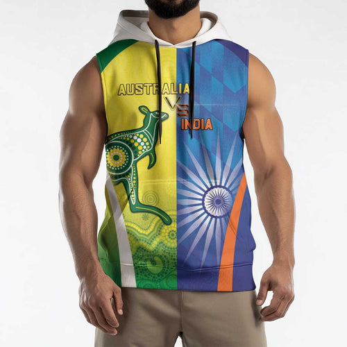 Custom Australia And India Cricket Sleeveless Hoodie Ashoka Chakra With Aboriginal - Aussie Hoodie