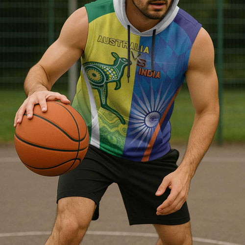 Custom Australia And India Cricket Sleeveless Hoodie Ashoka Chakra With Aboriginal - Aussie Hoodie