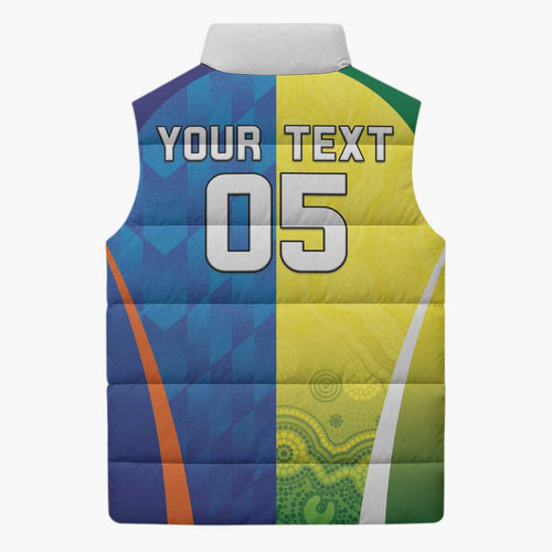 Custom Australia And India Cricket Sleeveless Puffer Jacket Ashoka Chakra With Aboriginal - Aussie Hoodie