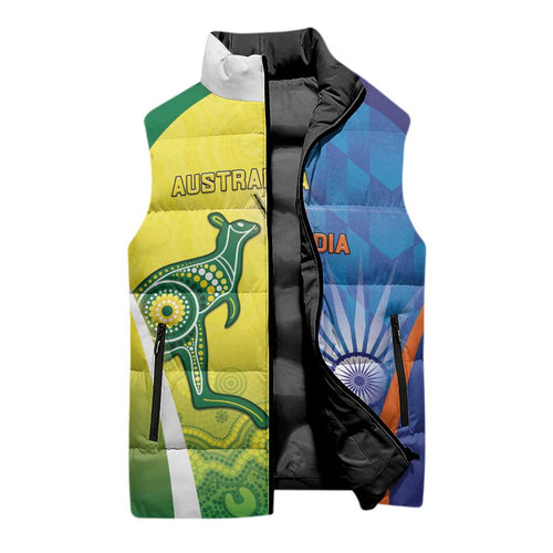 Custom Australia And India Cricket Sleeveless Puffer Jacket Ashoka Chakra With Aboriginal - Aussie Hoodie