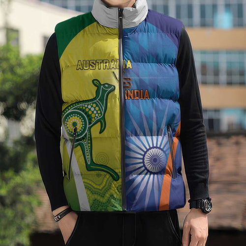 Custom Australia And India Cricket Sleeveless Puffer Jacket Ashoka Chakra With Aboriginal - Aussie Hoodie
