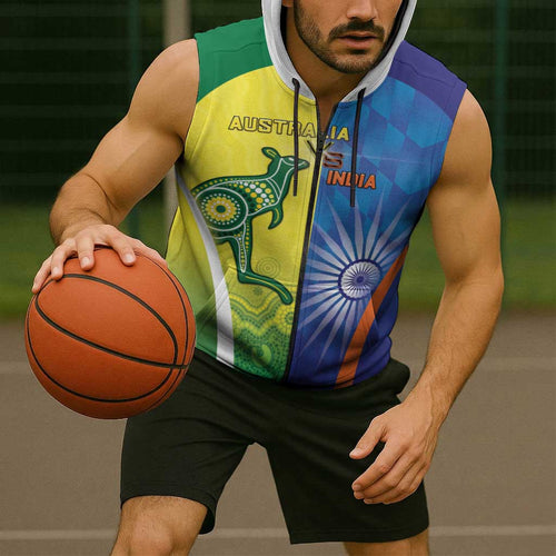 Custom Australia And India Cricket Sleeveless Zip Hoodie Ashoka Chakra With Aboriginal LT05