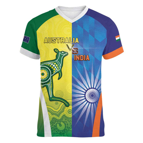 Custom Australia And India Cricket Women V-Neck T-Shirt Ashoka Chakra With Aboriginal - Aussie Hoodie