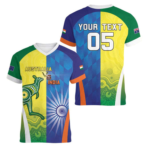 Custom Australia And India Cricket Women V-Neck T-Shirt Ashoka Chakra With Aboriginal - Aussie Hoodie