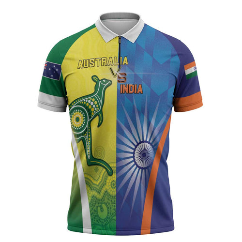 Custom Australia And India Cricket Zipper Polo Shirt Ashoka Chakra With Aboriginal - Aussie Hoodie