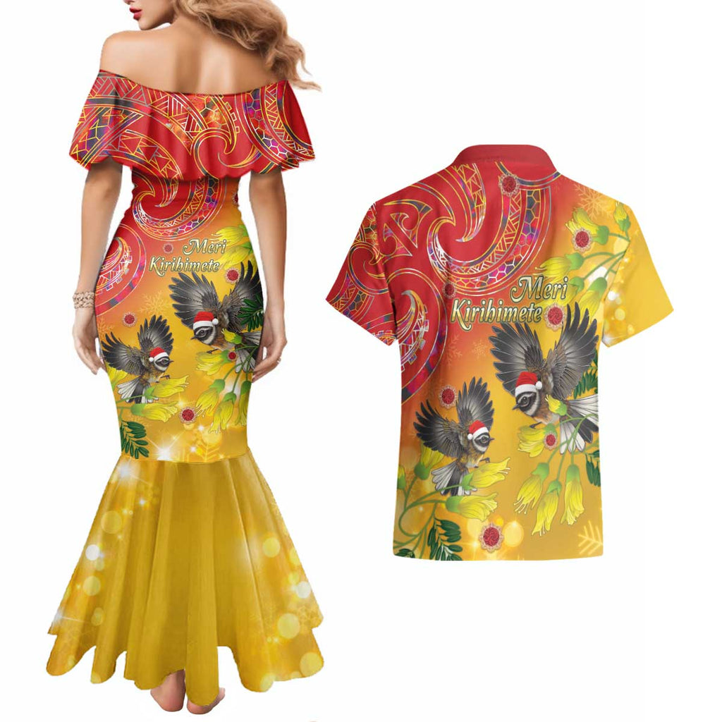 New Zealand Piwakawaka Christmas Couples Matching Mermaid Dress and Hawaiian Shirt With Maori Pattern