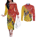 New Zealand Piwakawaka Christmas Couples Matching Off The Shoulder Long Sleeve Dress and Long Sleeve Button Shirt With Maori Pattern