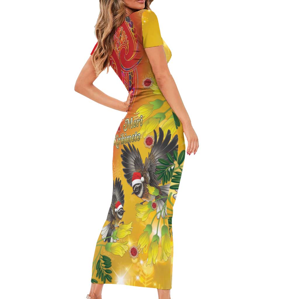 New Zealand Piwakawaka Christmas Short Sleeve Bodycon Dress With Maori Pattern