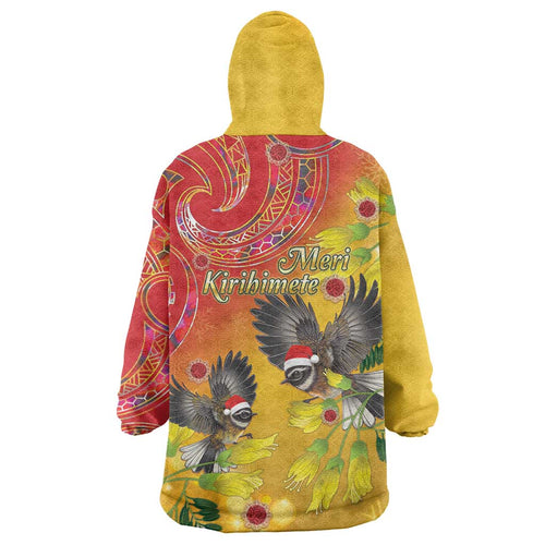 New Zealand Piwakawaka Christmas Wearable Blanket Hoodie With Maori Pattern
