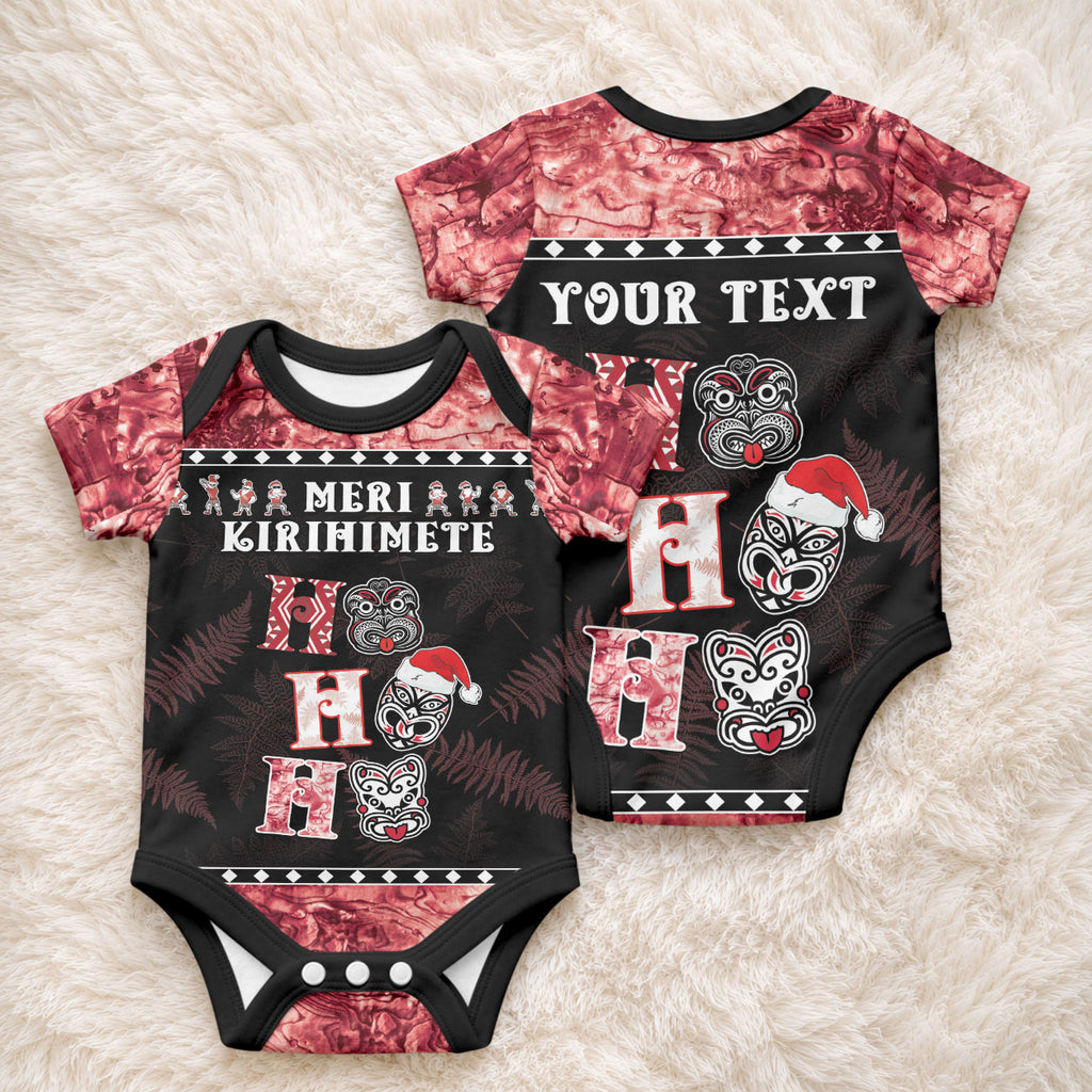 Personalised New Zealand Tiki Christmas Baby Onesie Ho Ho Ho Paua Shell Glitter Red