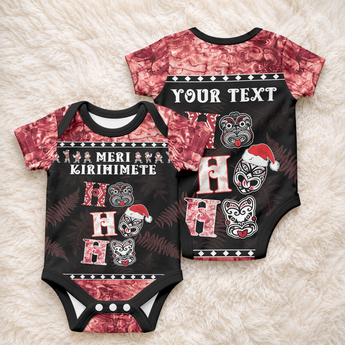 Personalised New Zealand Tiki Christmas Baby Onesie Ho Ho Ho Paua Shell Glitter Red