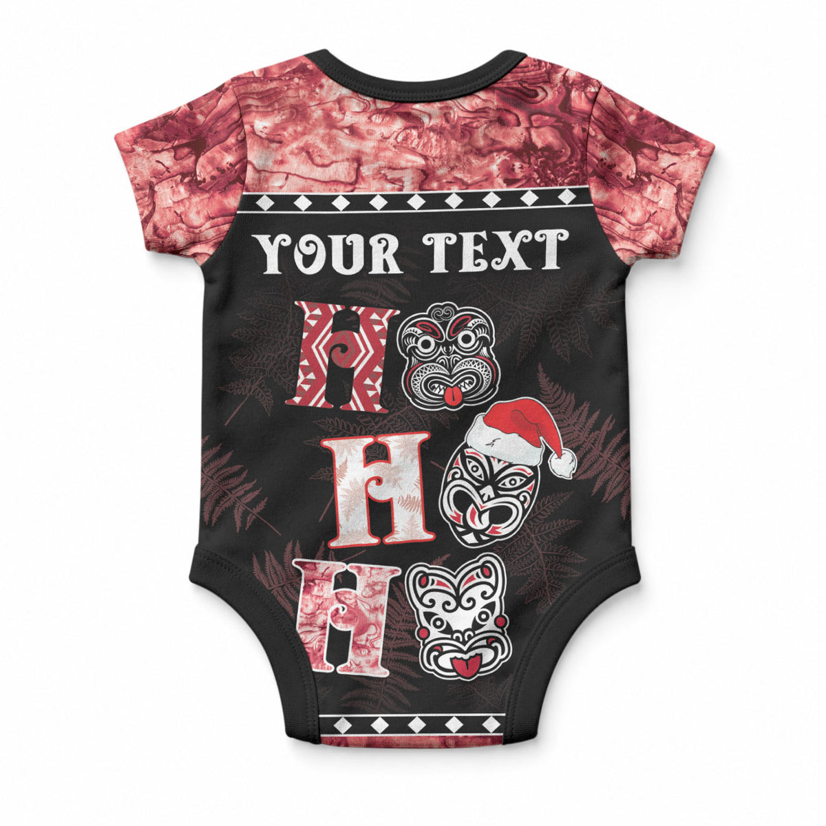 Personalised New Zealand Tiki Christmas Baby Onesie Ho Ho Ho Paua Shell Glitter Red