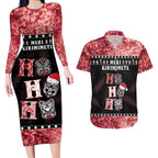 Personalised New Zealand Tiki Christmas Couples Matching Long Sleeve Bodycon Dress and Hawaiian Shirt Ho Ho Ho Paua Shell Glitter Red
